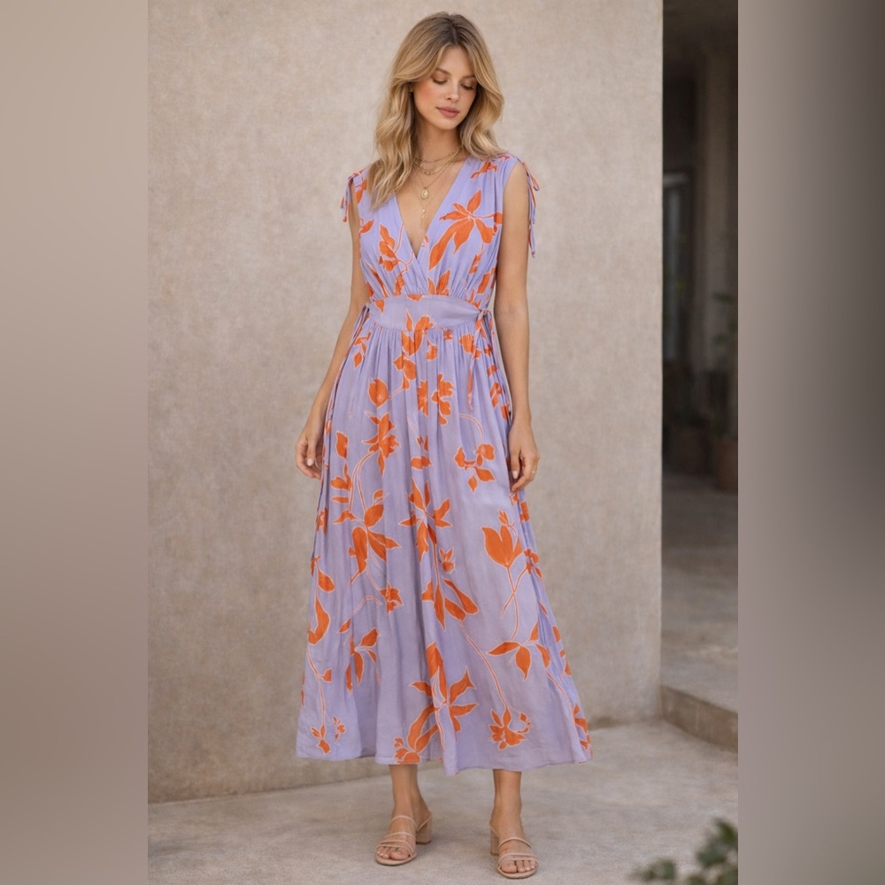 Thakoon Collective Lavender Orange Floral Midi Dress Adjustable Waist Size 8